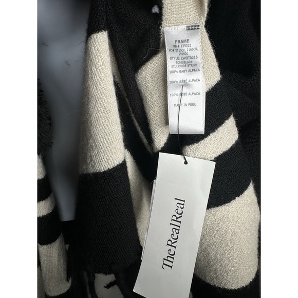 FRAME Baby Alpaca Poncho Block Striped Fringe Black Bone Hooded Cape Cozy Knit - Picture 7 of 10